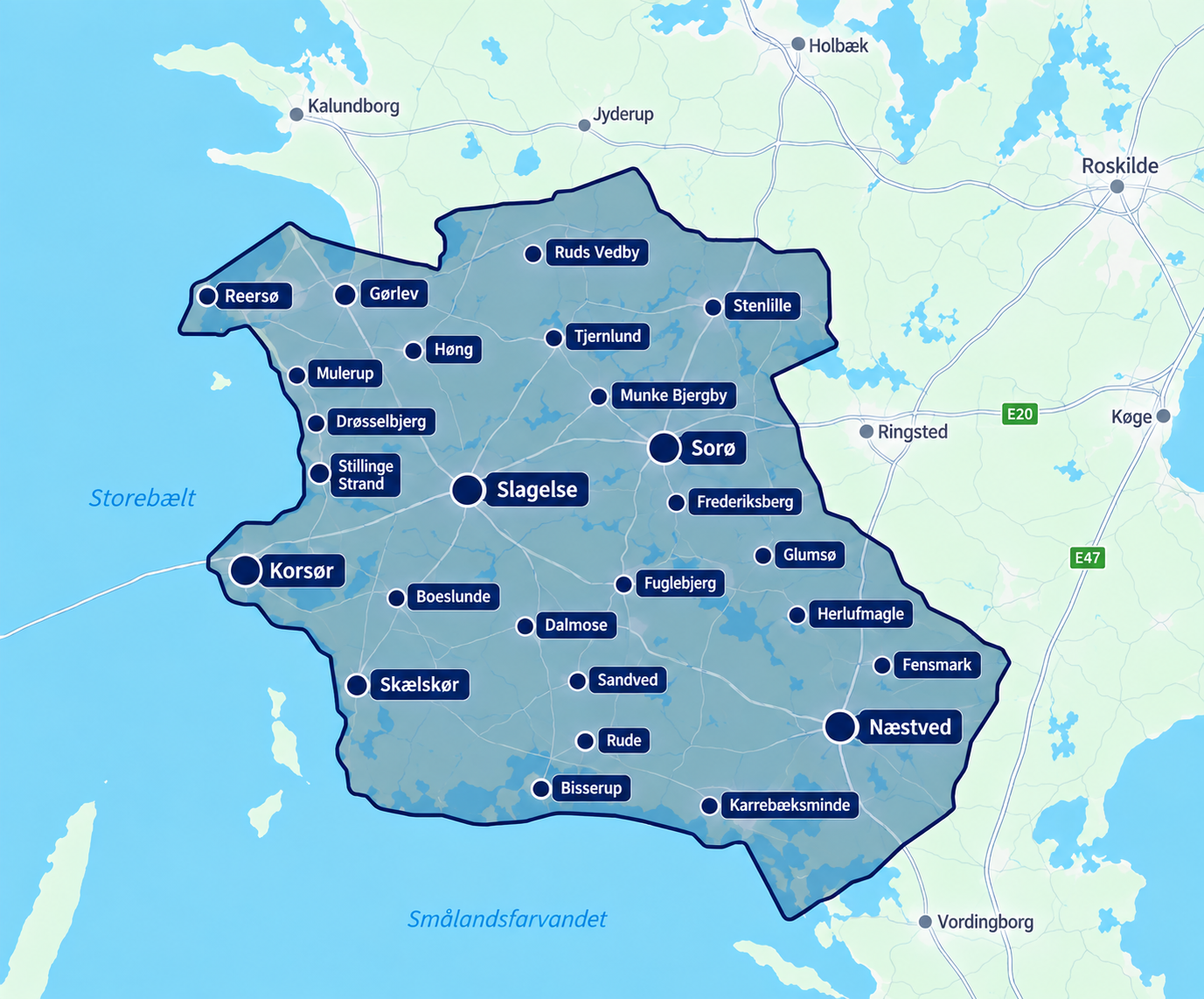 Vejledende kort over 42Services dækningsområde på Vestsjælland og Sydvestsjælland