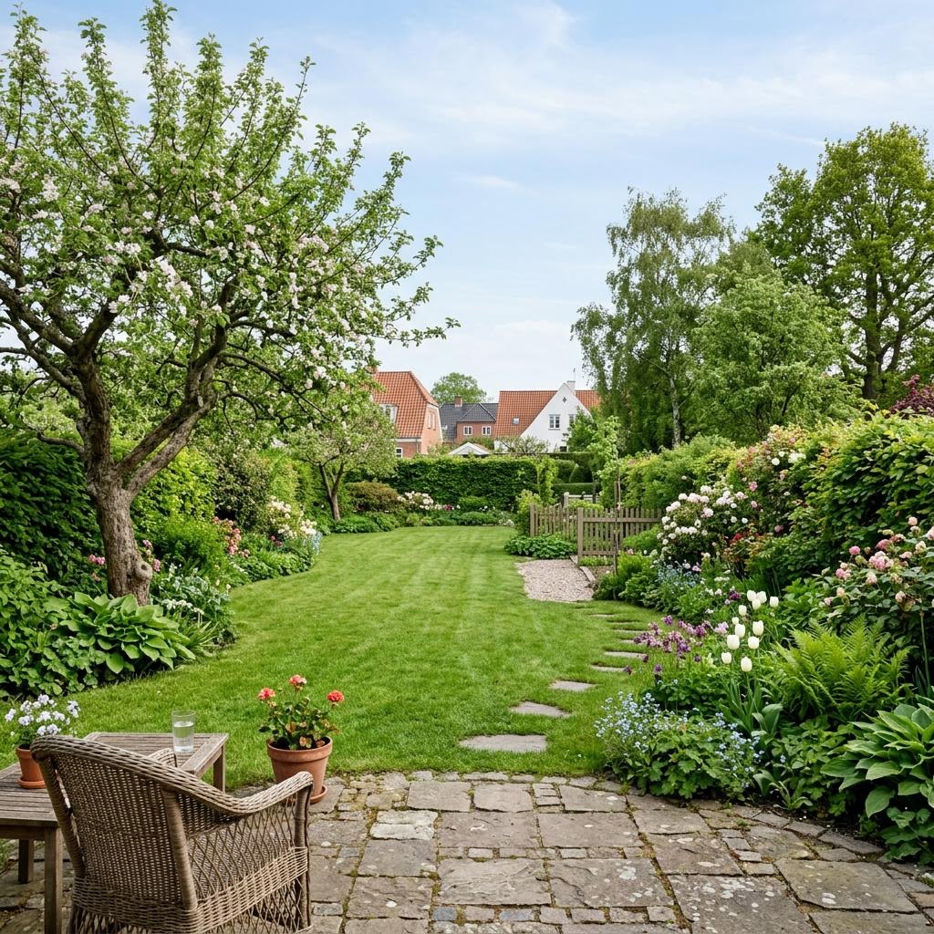 En grøn have med terrasse, blomster og træer set gennem vinduet